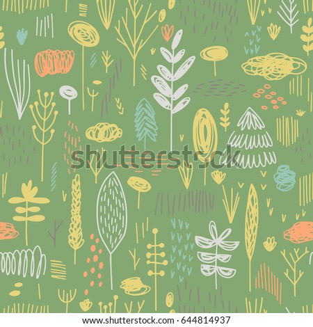 Forest sketch hand drawn  pattern. Doodle seamless pattern with creative trees. Textile, blog decoration, banner, poster, wrapping paper.