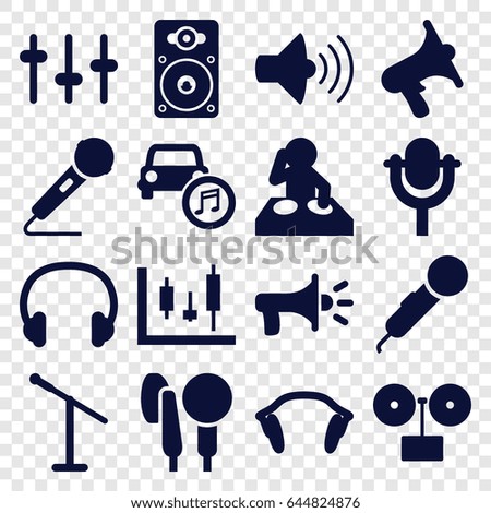 Audio icons set. set of 16 audio filled icons such as volume, equalizer, microphone, loudspeaker, car music, earphones, headset, megaphone, dj, gramophone