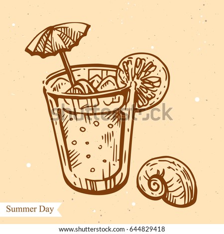 Vector linear illustration of summer cocktail isolated on paper background with abstract texture. Hand drawn sketch in retro style of glass with cocktail, sea shell. Image in vintage style for design.