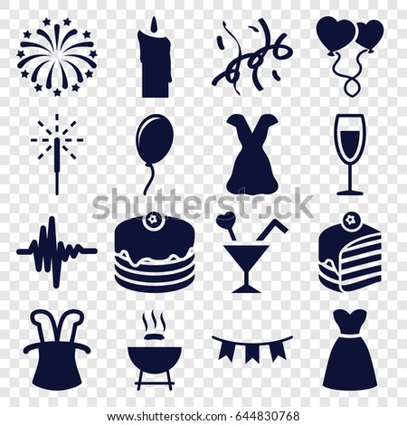 Party icons set. set of 16 party filled icons such as dress, cake, piece of cake, heart balloons, cocktail, music equalizer, party flag, wine glass, sparkler, fireworks