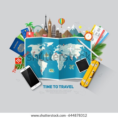 Top view on travel and tourism concept template, ready for summer banners design. Vector illustration  Royalty-Free Stock Photo #644878312