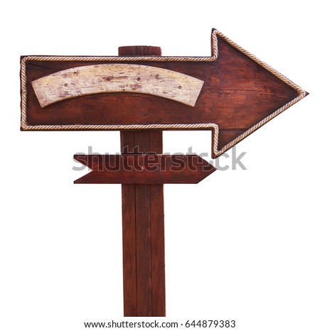 Old wooden road signboard, arrow. Isolated on white background