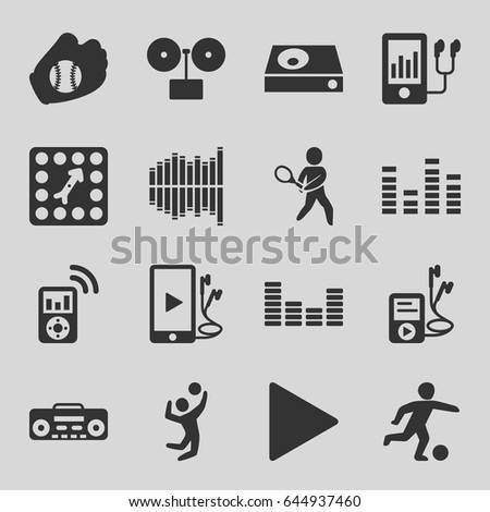 Player icons set. set of 16 player filled icons such as equalizer, play, phone and earphones, board game, tennis playing, baseball glove