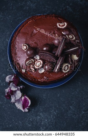 Chocolate layered cake with ganache cream with flowers and biscuit decoration on dark rustic background. Guilty pleasure concept. Copy space