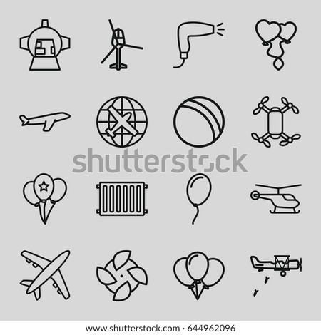 Air icons set. set of 16 air outline icons such as helicopter, plane, ball, hair dryer, luggage compartment in airplane, heart balloons, balloon, radiator, military plane