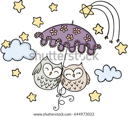 Cute couple owls flying away on an umbrella