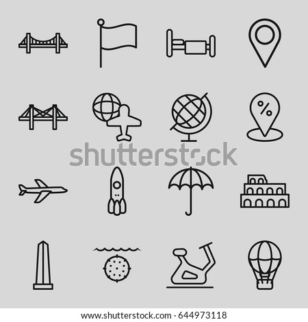 Travel icons set. set of 16 travel outline icons such as umbrella, coliseum, bridge, monument, exercise bike, bed, globe and plane, globe, plane, location pin, water military