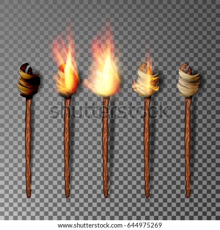 Torch With Flame. Realistic Fire. Realistic Fire Torch Isolated On Transparent Background. Vector Illustration