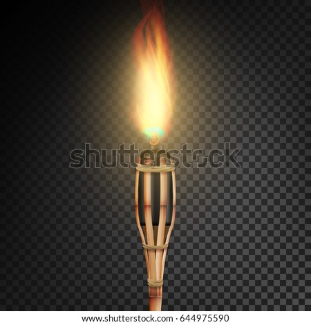 Burning Beach Bamboo Torch With Flame. Realistic Fire. Realistic Fire Torch Isolated On Transparent Background. Vector Illustration
