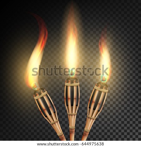 Burning Beach Bamboo Torch. Burning In The Dark Transparent Background Realistic Torch With Flame. Vector Illustration
