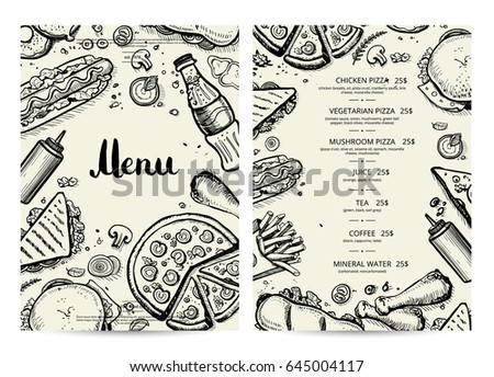 Food and drink menu design with prices. Fast food vector template with hand drawn pizza, sandwich, hot dog, chicken, drink pencil doodles. Cafe vintage card of junk food with snack linear sketches.