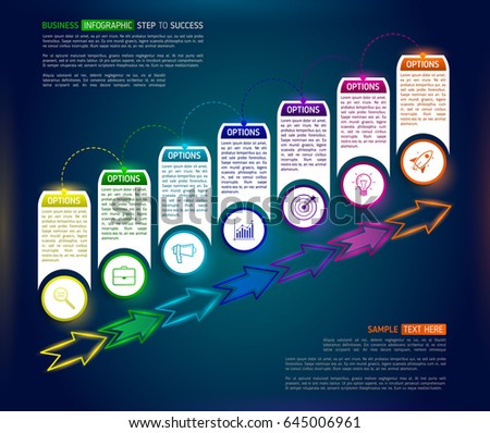 Dark stairs infographic design template with 7 multi colored successively connected circular elements with icons, and text boxes. Abstract seven stairs to success with arrows.