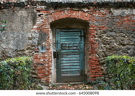 shabby door in an old abandoned brick building