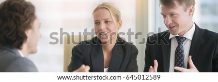 Confident middle aged business man in formal wear explaining his ideas to a client or business partner at meeting, trying to convince. Horizontal photo banner for website header design  Royalty-Free Stock Photo #645012589