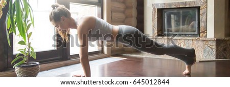 Young attractive woman practicing yoga, standing in phalankasana, Plank pose, Push up or press up fitness exercise, working out, wearing sportswear. Horizontal photo banner for website header design 
