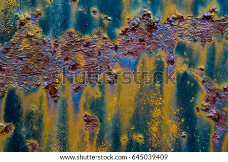 An enhanced macro background image of rust and oxidation on an old metal farm implement
