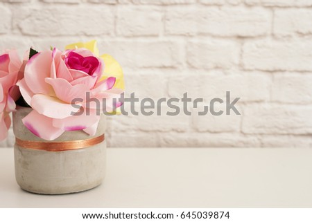 Pink Roses Mock Up. Styled Photography. Brick Wall Product Display. White Desk. Vase With Pink Roses. Fashion Lifestyle