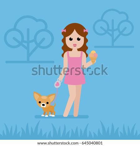 Young woman with a small dog walks in the park. Flat design. Vector illustration