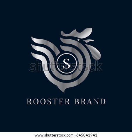 Rooster vector logo in silver gradient. Letter S domestic bird emblem