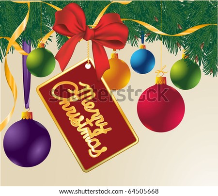 Christmas template with decorated pine and balloons. Vector background.