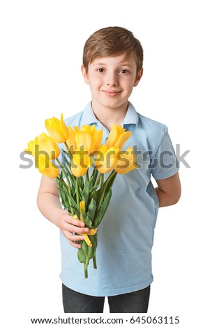  Boy with bouquet of yellow tulips on a white background.
