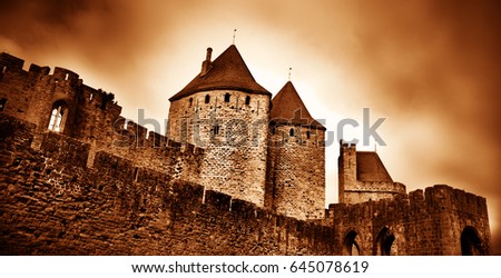 Castle of Carcassonne (France). Unesco world heritage site. Sepia toned photo.