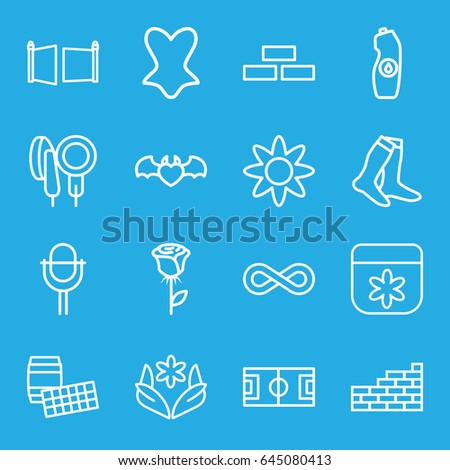 Pattern icons set. set of 16 pattern outline icons such as brick wall, flower, socks, corset, water bottle, devil heart with wings, microphone, eternity, gate, rose