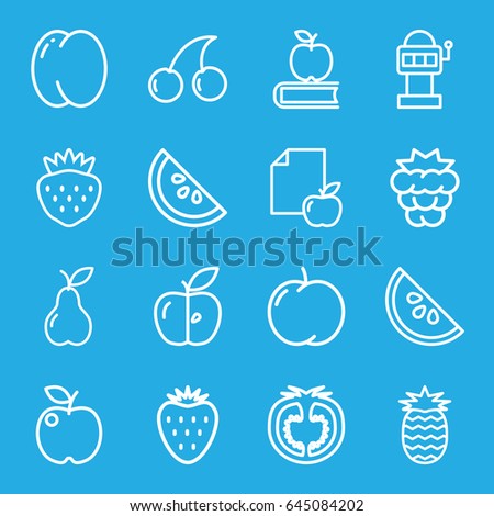 Fruit icons set. set of 16 fruit outline icons such as peach, apple, mulberry, cherry, pear, strawberry, paper and apple, tomato, watermelon, pineapple, apple on book