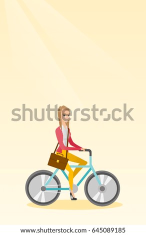 Young caucasian business woman riding a bicycle. Cyclist riding a bicycle. Business woman with briefcase on a bicycle. Healthy lifestyle concept. Vector flat design illustration. Vertical layout.