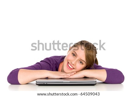 Girl leaning on table with laptop