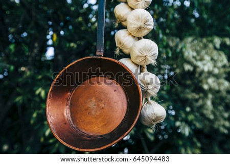 Pan and garlic decoration. 