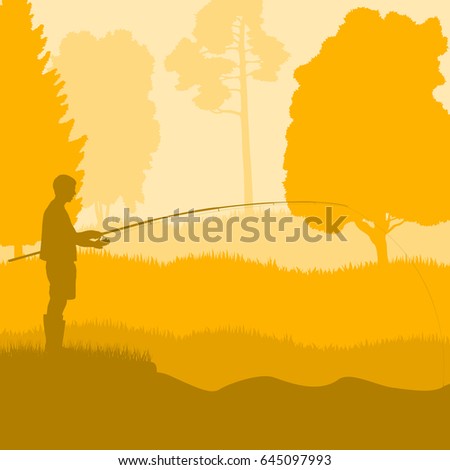Fisherman near pond and trees vector landscape background with sunset