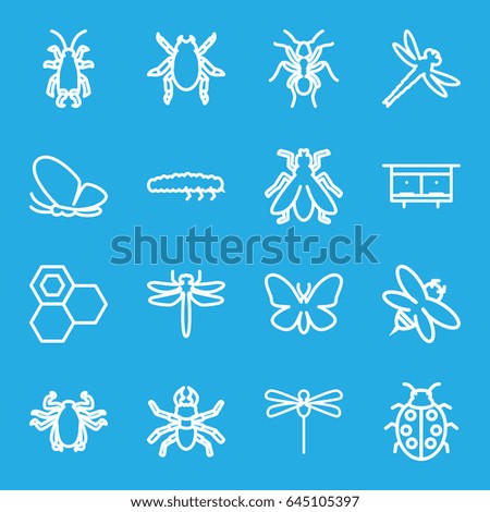 Insect icons set. set of 16 insect outline icons such as dragonfly, beetle, butterfly, ant, fly, beehouse, honey, bee, ladybug