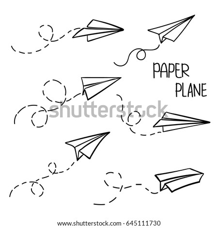 Vector paper airplane. Travel, route symbol. Set of vector illustration of hand drawn plane. Isolated. Outline. Hand drawn doodle. Black linear icon. Royalty-Free Stock Photo #645111730
