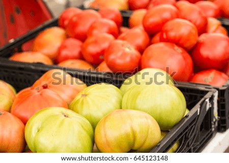 Green and red tomatoes for sale at the Knoxville Tennessee farmers market