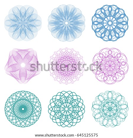 Guilloche set. It can be used as a protective layer for the certificates, diplomas, banknotes. Pattern Rosette for Fake Money or Other Security Papers - Vector Illustration.