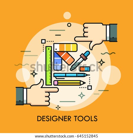Color palette, pen, pencil, ruler, eraser and two human hands. Graphic, web and digital design, techniques and tools for designers concept. Vector illustration for brochure, website, banner, poster.