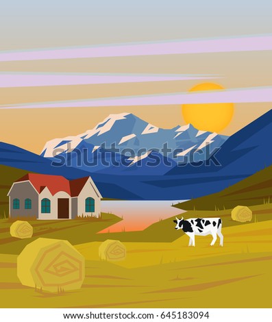 Colorful drawing rural landscape template with farm house cow and hay stacks on nature background vector illustration