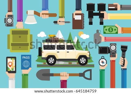 Camping travel concept design flat with jeep.Vector illustration
