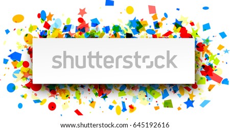 White festive background with colorful figured confetti. Vector paper illustration.
