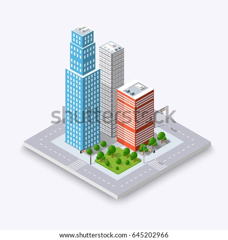 City isometric concept of urban infrastructure business. Vector building illustration of skyscraper and collection of  elements architecture, home, construction, block and park