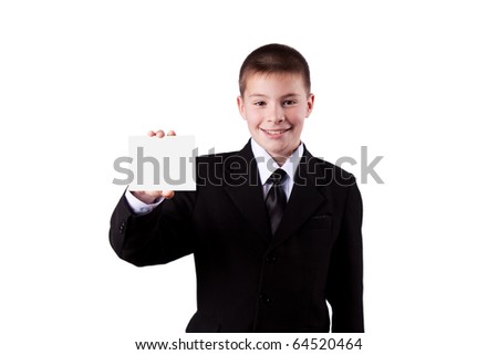 Boy holding a business card,  isolated on white