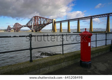 Forth Rail Bridge from South Queensferry showing vintage mailbox.