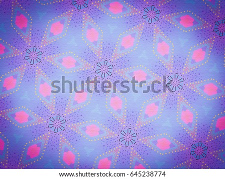 An hand drawing pattern made of blue, pink, white and purple.