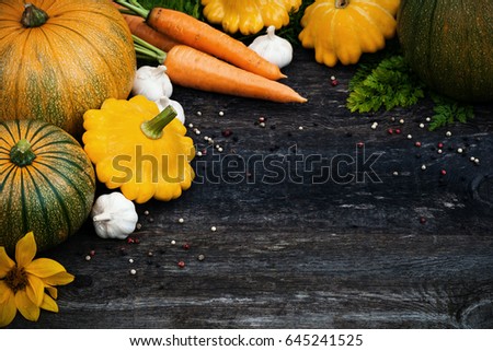 Fresh organic seasonal vegetables - pumpkin, squash, carrots on wooden background