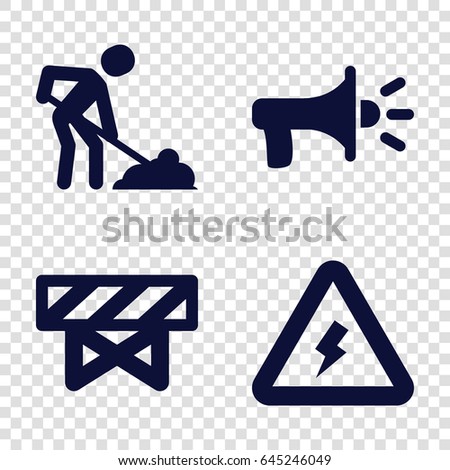 Warning icons set. set of 4 warning filled icons such as barrier, digging man, voltage warning