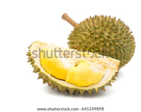 Durian is a fruit that has been referred to as the king of fruits of South East Asia. Durian on white background. Royalty-Free Stock Photo #645249898