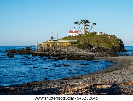 Battery Point Lighthouse in Crescent City, California, USA, during a low tide, in the early morning Royalty-Free Stock Photo #645252046