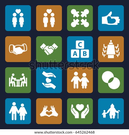 Together icons set. set of 16 together filled icons such as abc cube, handshake, circle intersection, hands holding heart, women couple, heart tag, hand with heart