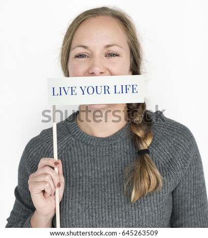 Woman holding banner network graphic overlay